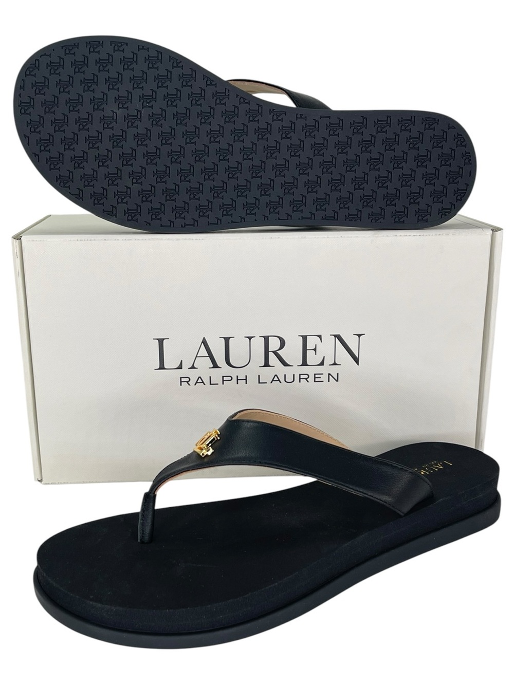 Lauren Ralph Lauren Regina Black Nappa Leather Womens Thong Sandals Size 10M - Picture 8 of 10